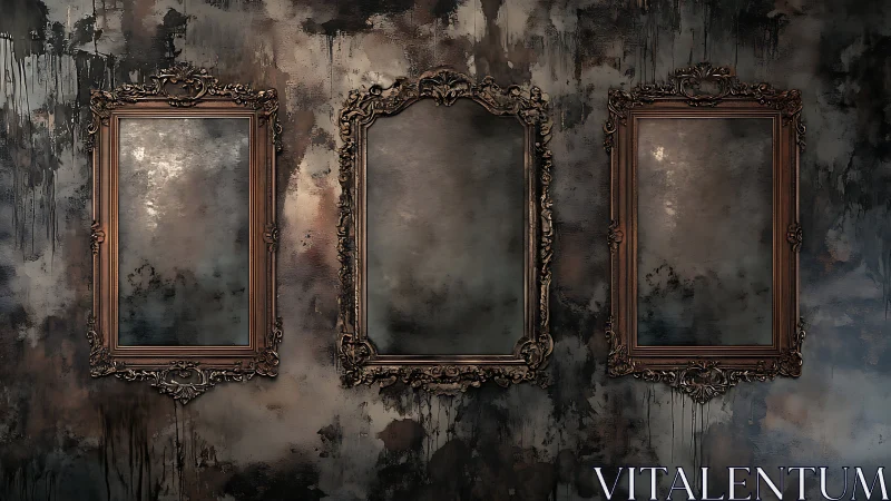 Three ornate mirrors on distressed dark painted wall.