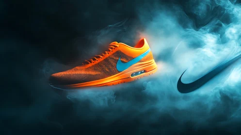 Orange running shoe in blue smoke with logo emphasis.