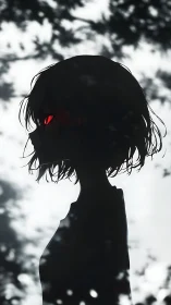 Silhouetted anime profile with red eyes in soft bokeh forest.
