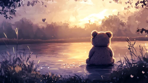 Teddy bear sits alone by reflective lake at sunset