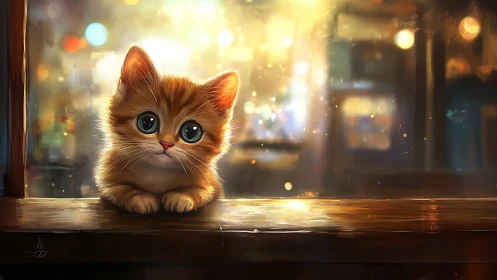 Kitten on Windowsill at Night.