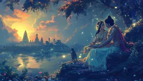 Divine lovers rest beside a glowing river at enchanted dusk.
