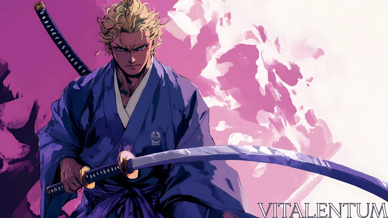 Blond samurai in blue kimono with dual katana against magenta wash