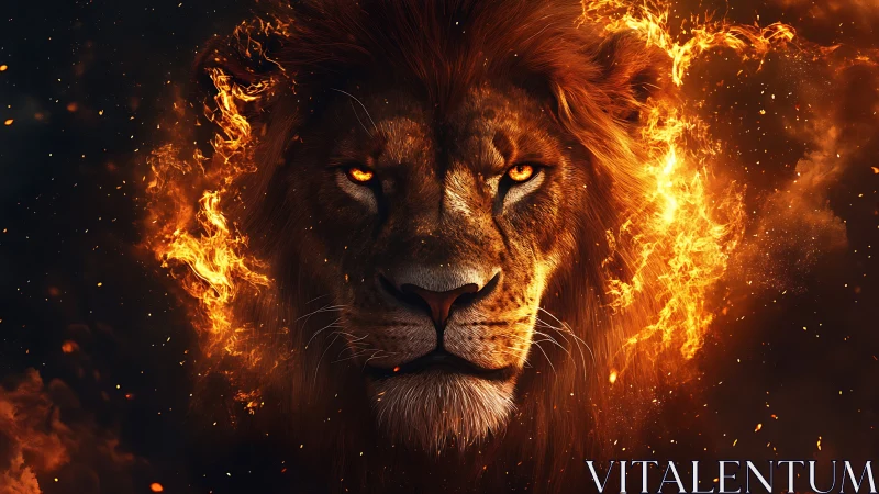 Fiery crowned lion emerging from blazing darkness.