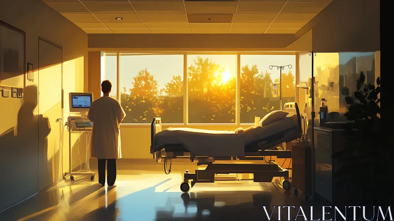 Doctor watches sunrise over quiet intensive care room