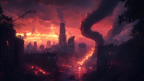 Fiery tornado tears through apocalyptic burning cityscape.