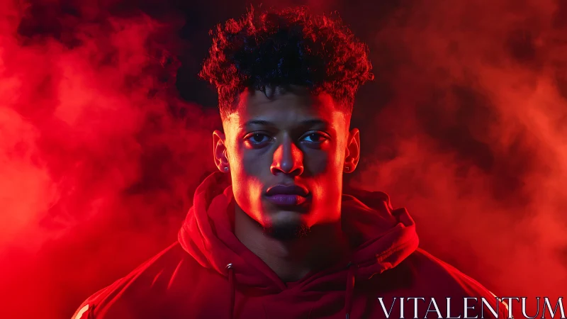 Crimson ember portrait of a focused young man in smoke.