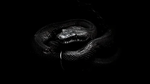 Coiled black snake in dramatic low key lighting portrait.