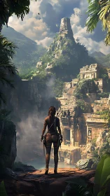 Explorer overlooks sunlit jungle temple complex in misty ravine