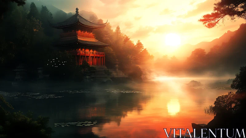 Sunlit lakeside pagoda with misty forest reflections at dawn.