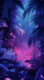 Neon lit tropical jungle with dense glowing foliage.