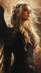 Winged warrior gazes into blazing light, poised for battle.