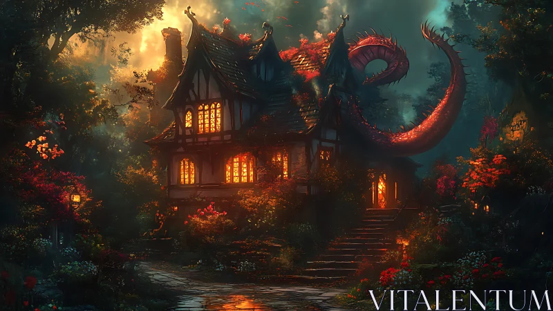 Cottage in dense forest wrapped by glowing red dragon.