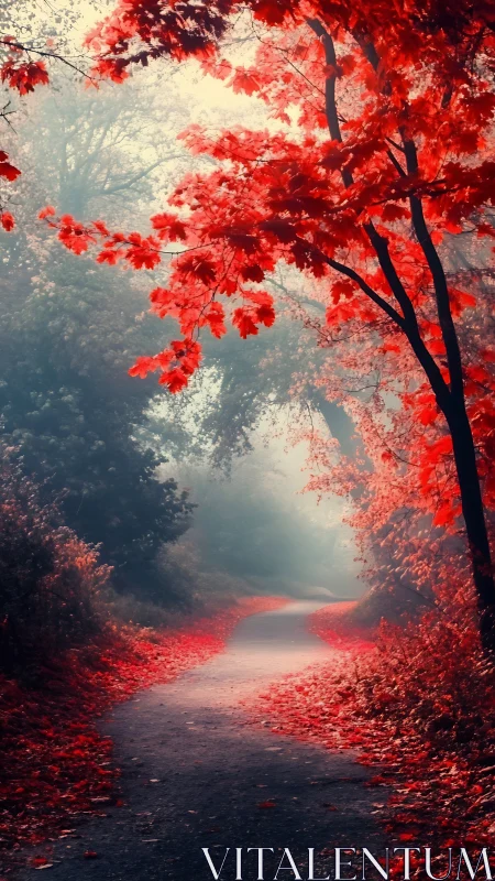 Scarlet forest path winding through misty autumn light.