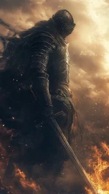 Armored warrior stands in burning dusk battlefield with sword