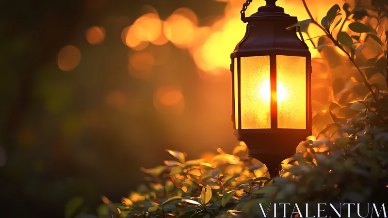 Garden lantern aglow at sunset amid softly blurred foliage.
