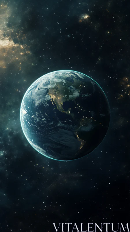 Planet Earth in deep space with illuminated night continents.