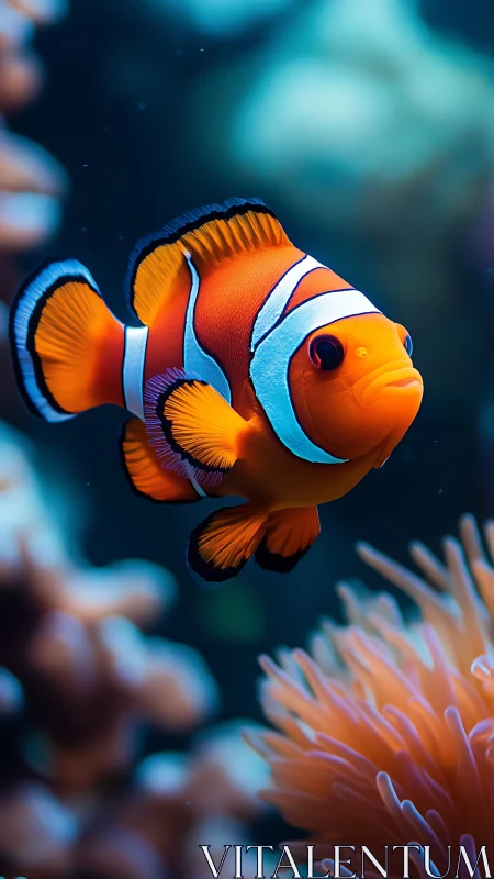 Clownfish swims near coral reef in softly blurred ocean