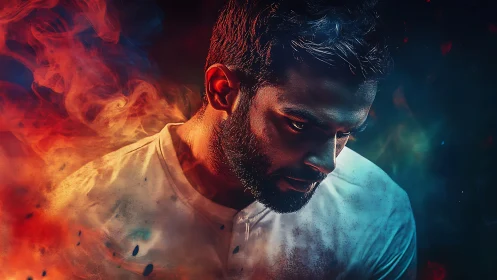 Intense male portrait contrasts dual color smoke illumination