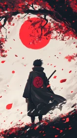 Solitary swordsman beneath crimson eclipse and falling petals