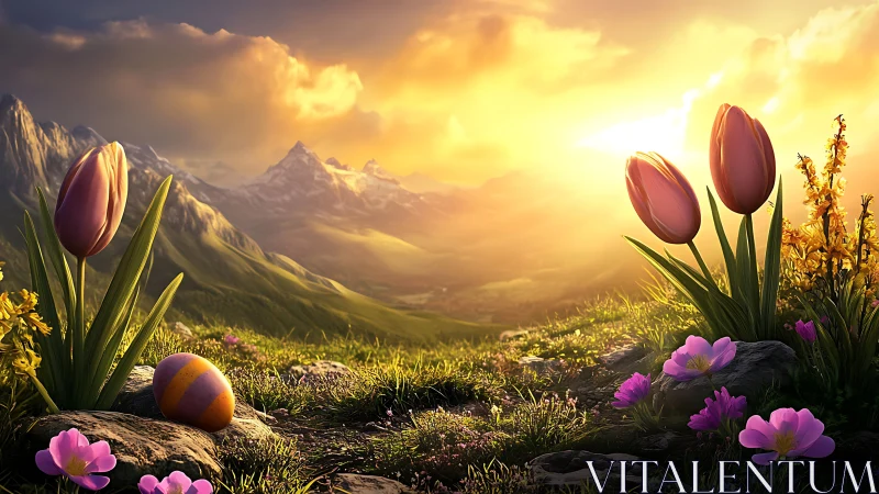 Tulips and Easter egg sit on a sunlit alpine hillside
