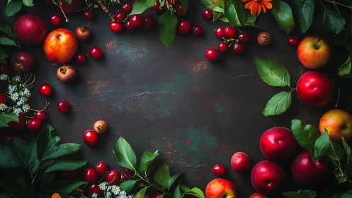 Fresh red apples and cherries around dark rustic background.