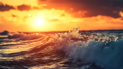 High-contrast ocean wave crest under intense sunset backlight
