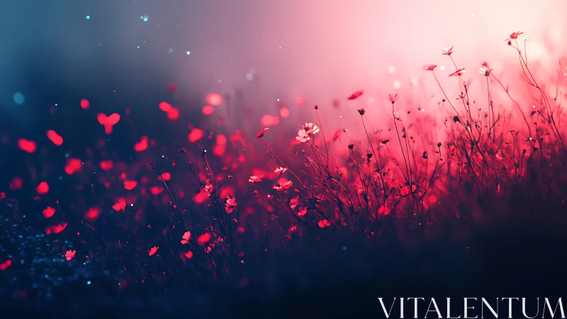 Dreamlit crimson wildflowers glow against a twilight haze