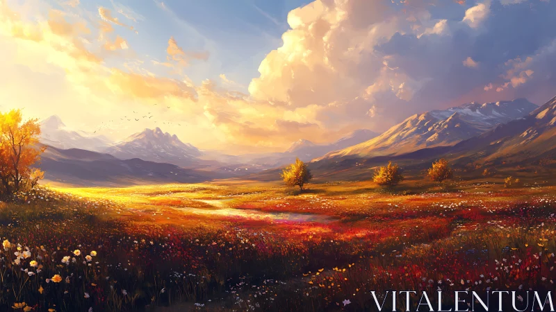 Golden storm of sunset pours over wildflower mountain meadow