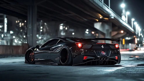 Low black supercar under city overpass at night scene.
