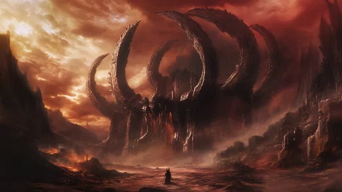 Infernal titan gate coils above a lone wanderer&rsquo;s approach.