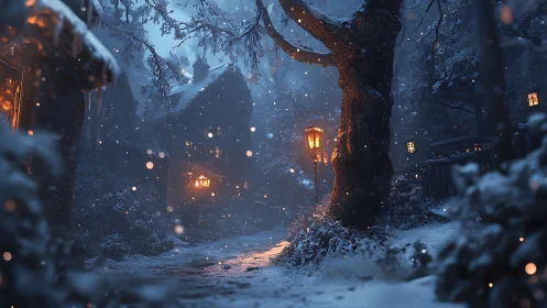 Snowy village lane glows under warm lamplight at dusk