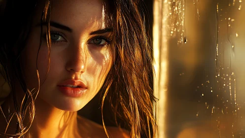 Sunlit raindrops sculpt warmth across a contemplative gaze