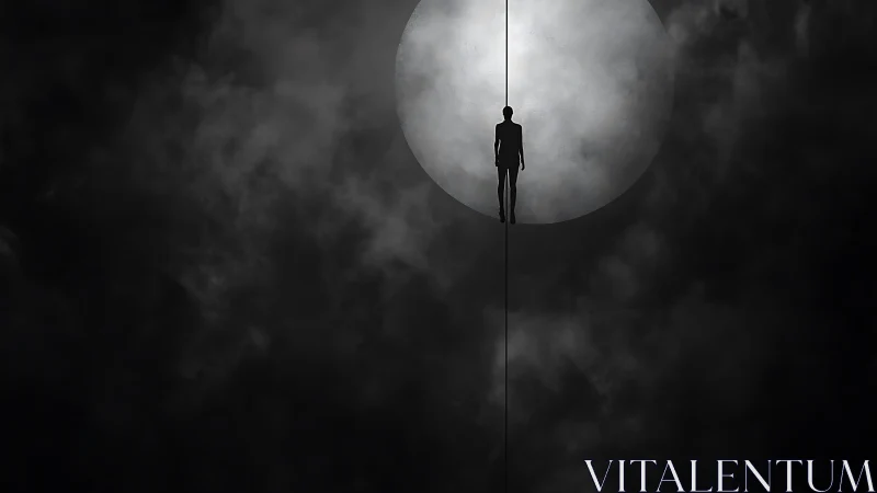 Silhouetted figure suspended on vertical line before full moon