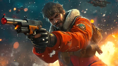 Armed pilot in orange flight suit aims pistol amid explosions