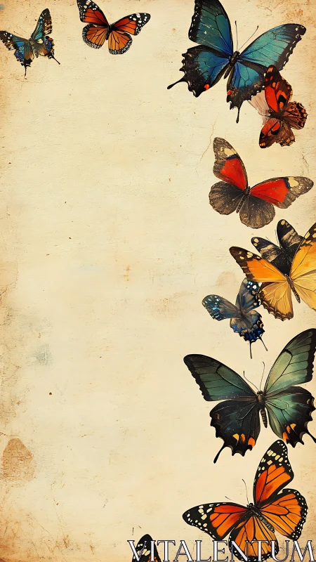 Colorful butterflies drift across vintage parchment space.
