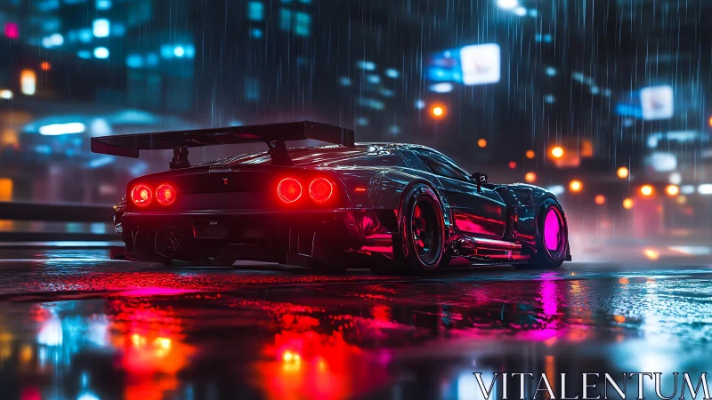 Neon soaked street racer pausing in a dreamy midnight storm.