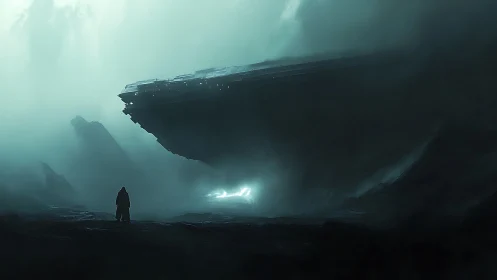 Colossal starship hovers above cloaked figure in teal fog.