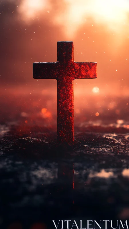 Crimson stone cross blazing against stormlit twilight haze.