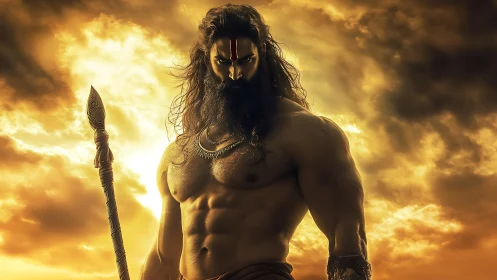 Mythic warrior silhouette in molten sunset backlighting.