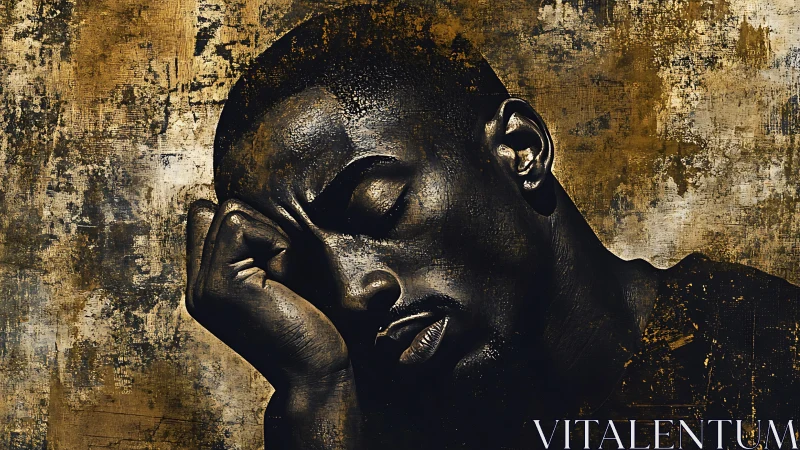 Textured monochrome portrait of resting man in chiaroscuro.