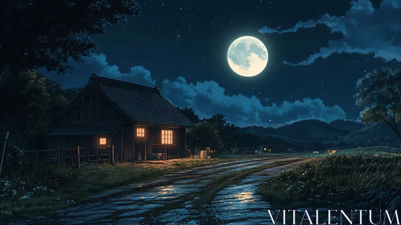 Moonlit farmhouse overlooks wet country road at night.