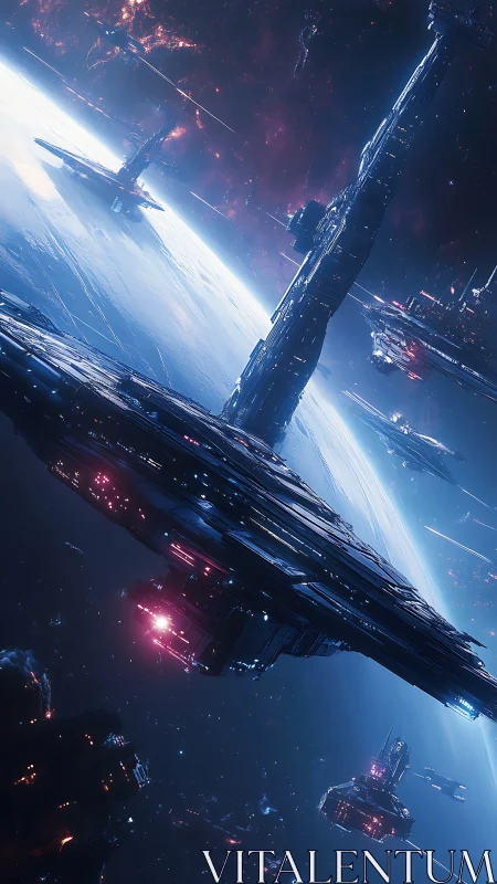 Vast orbital fleet forms luminous ring above blue world.