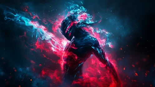 Humanoid energy figure formed from blue and red flames