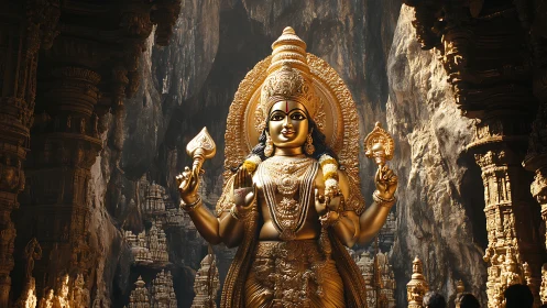 Golden multi-armed deity statue stands in ornate rock temple