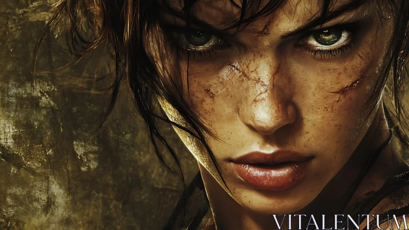 Battle-worn female face in intense close-up portrait.