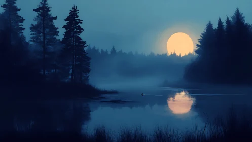 Moonlit mist river hums beneath hushed pine silhouettes.