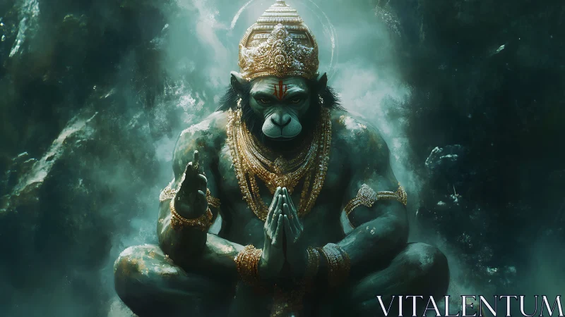 Mythic simian deity in meditative mudra, jeweled regalia, mist