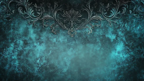 Ornamental metallic foliage border overlays textured teal wall