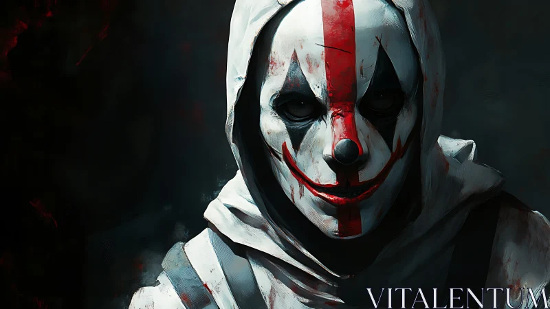 Sinister clown mask figure in white hooded cloak at night.